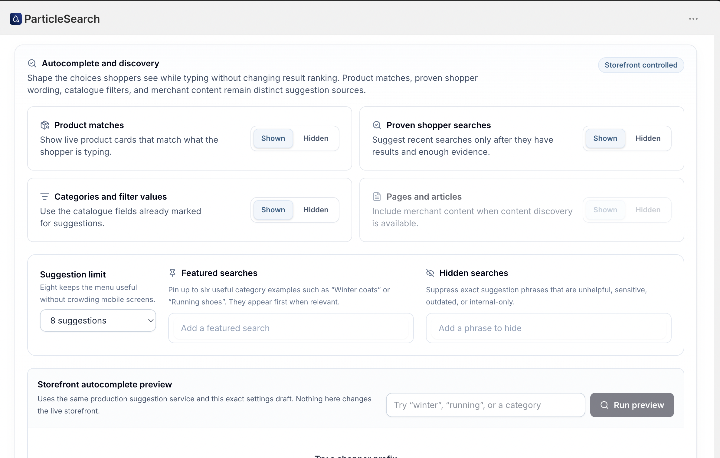 ParticleSearch autocomplete and discovery settings with product matches, shopper searches, pages and articles, limits, and preview